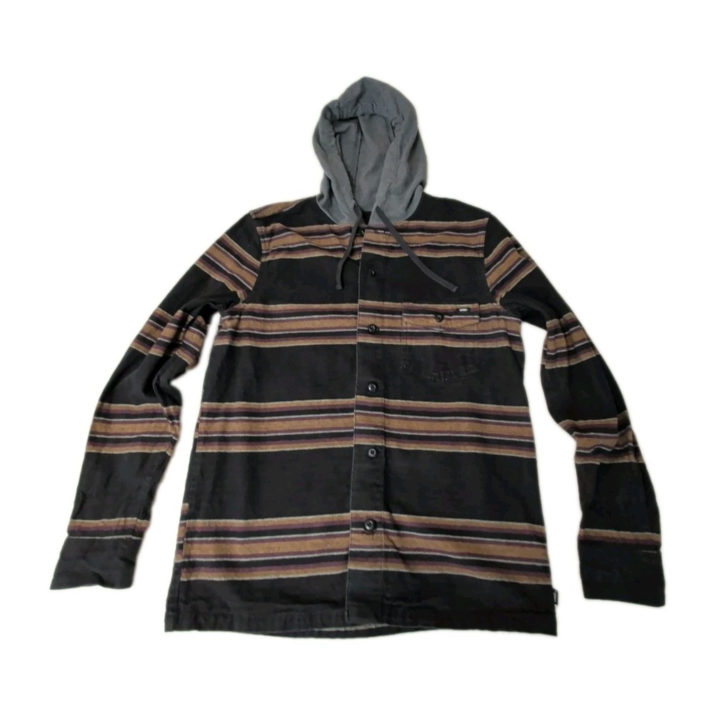 Vans Shacket Hooded Shirt Mens M Black Striped Button Up Skate Grunge Streetwear